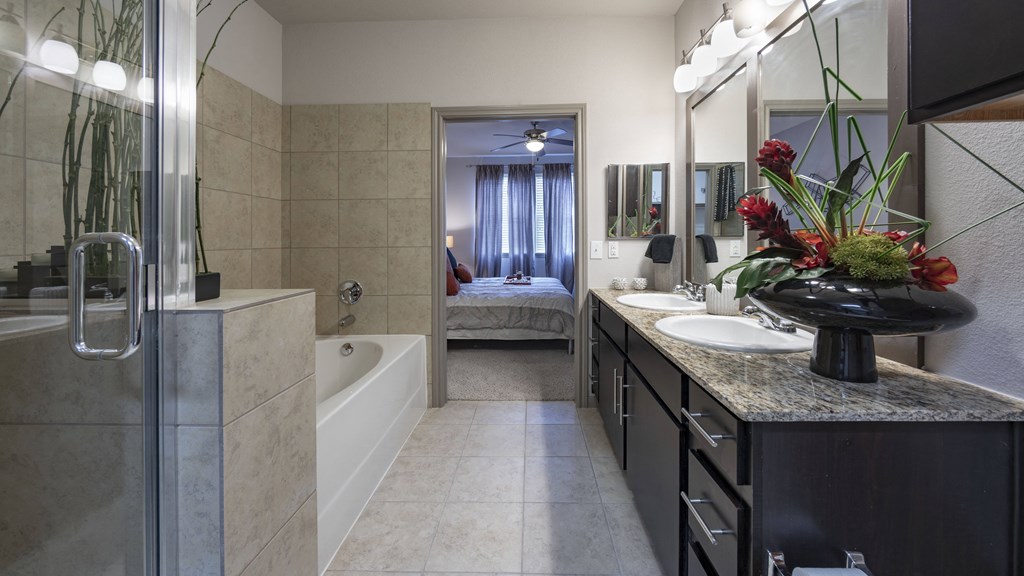 a bathroom with a tub and a sink and a mirror