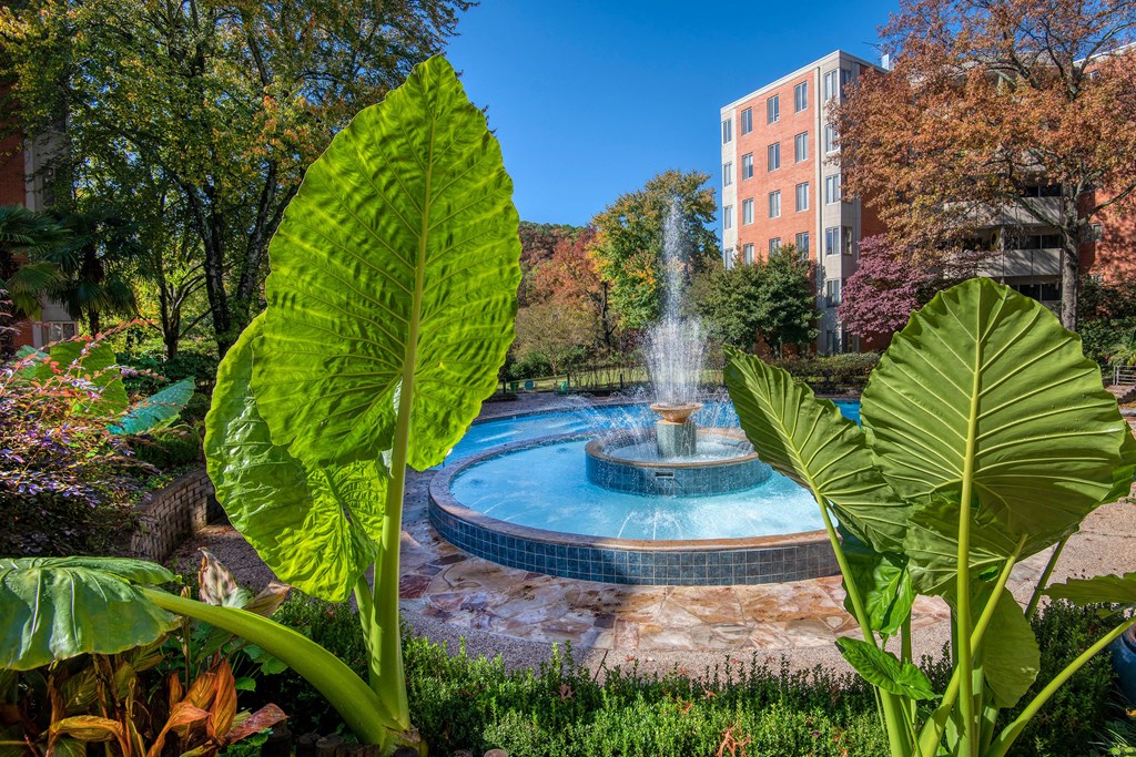 a fountain in a park with a building in the background