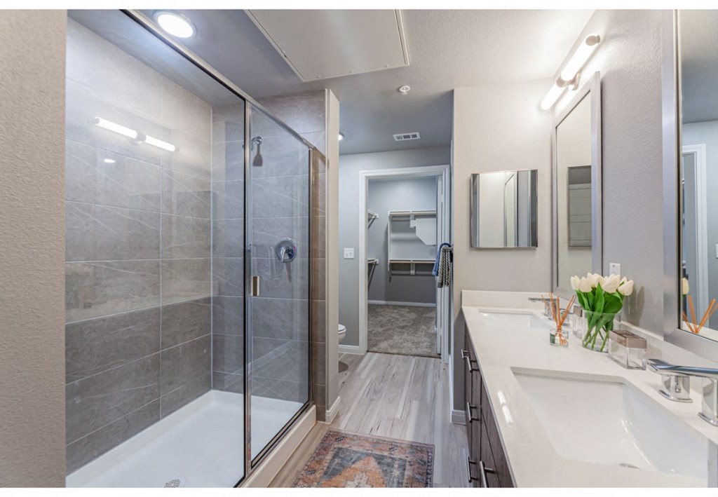 a bathroom with a shower and a sink and a mirror
