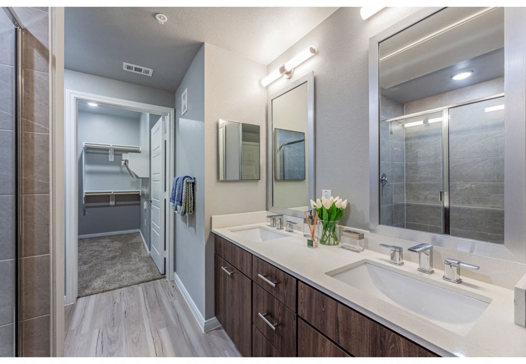 a bathroom with two sinks and a large mirror