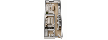 A 3D floor plan of a small apartment with a kitchen, living room, and bathroom.