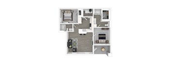 a stylized floor plan with a bedroom and a living room