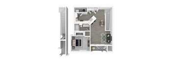 a stylized floor plan with a bedroom and a living room