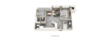 A floor plan of a house with a living room, dining room, kitchen, and two bedrooms.