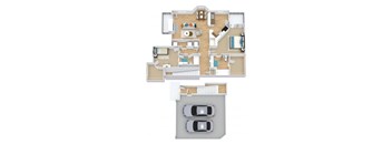A floor plan of a house with two bedrooms, a living room, a kitchen, and a garage.
