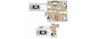 A top-down view of a two-story house with a car parked in the driveway.