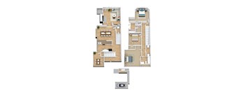 A floor plan of a two-story apartment with a living room, kitchen, and bedrooms.