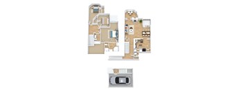 A floor plan of a two-story house with a garage.