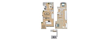 A floor plan of a two-story house with a garage.