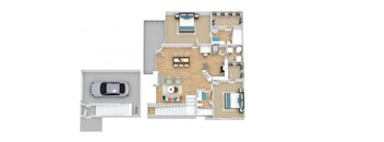 A floor plan of a house with a garage and a car.