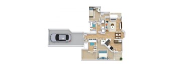 A top-down view of a house with a car parked in the driveway.
