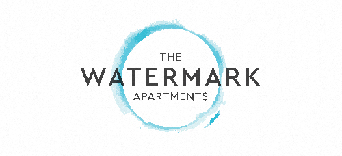 a logo for the watermark apartments with a blue circle