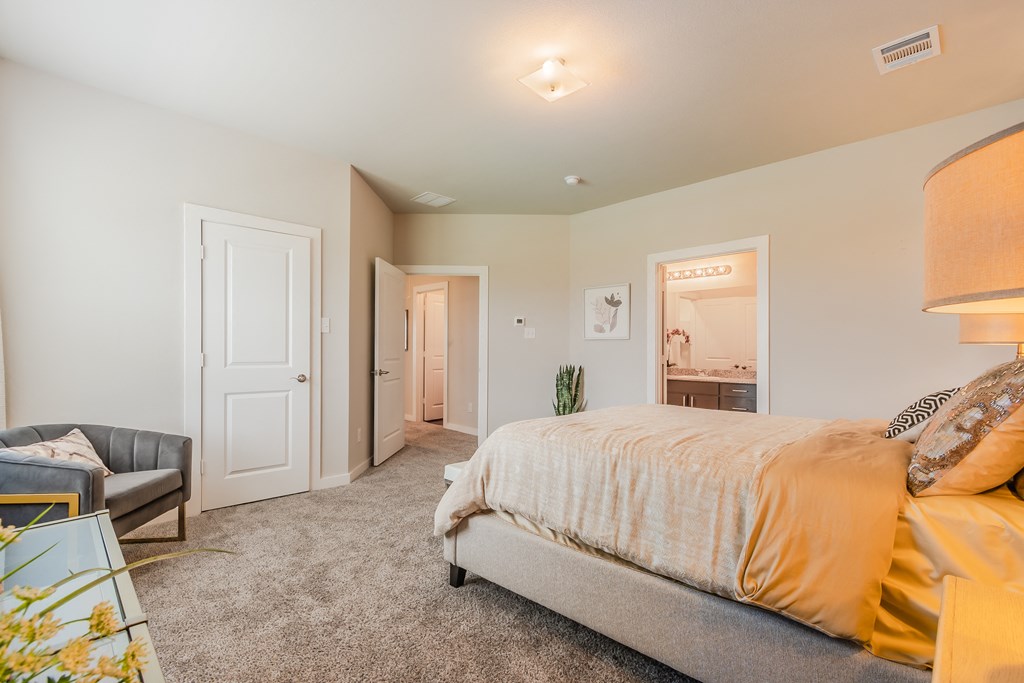 a bedroom with a bed and a chair and a closet