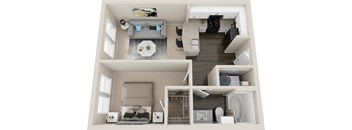 A 3D rendered image of a modern apartment layout.