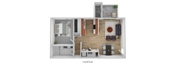 a stylized floor plan with a bedroom and a living room