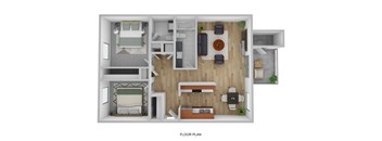 a stylized floor plan with a bedroom and living room