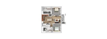 a 2 bedroom floor plan with a bathroom and a living room