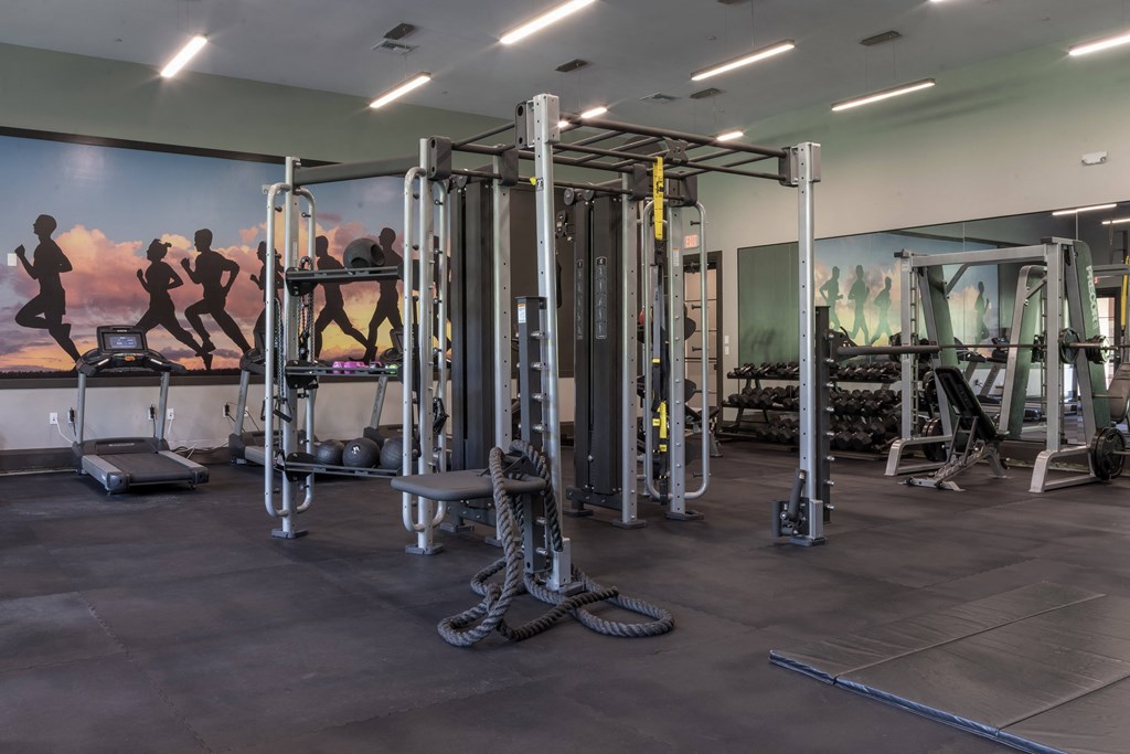 a fully equipped fitness room with free weights and cardio equipment