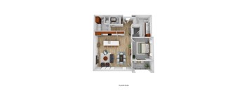 A floor plan of a house with a kitchen, living room, and bathroom.