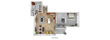 A floor plan of a house with a living room, kitchen, and bathroom.