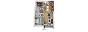 A floor plan of a small apartment with a kitchen, living room, and bathroom.