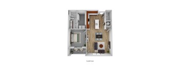 A floor plan of a small apartment with a kitchen, living room, and bathroom.