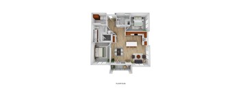 A floor plan of a house with a living room, kitchen, and two bedrooms.
