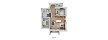 A floor plan of a two-story apartment with a living room, dining room, kitchen, and bedrooms.