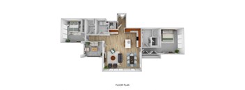 A floor plan of a house with a living room, kitchen, and bedrooms.