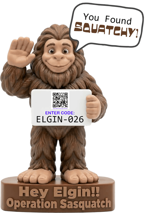 A cartoon gorilla is holding a sign that says "Hey Elgin! Operation Sasquatch" and a QR code.