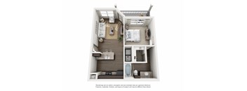 A top-down view of a small apartment with a kitchen, living room, and bathroom.