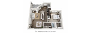 A 3D floor plan of a small apartment with a kitchen, living room, and bedroom.
