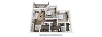 A 3D floor plan of a small apartment with a kitchen, living room, and bedrooms.