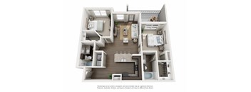 A 3D rendering of a small apartment with a kitchen, living room, and bedrooms.