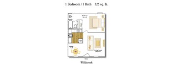 A floor plan of a one bedroom apartment with one bath and a living room.