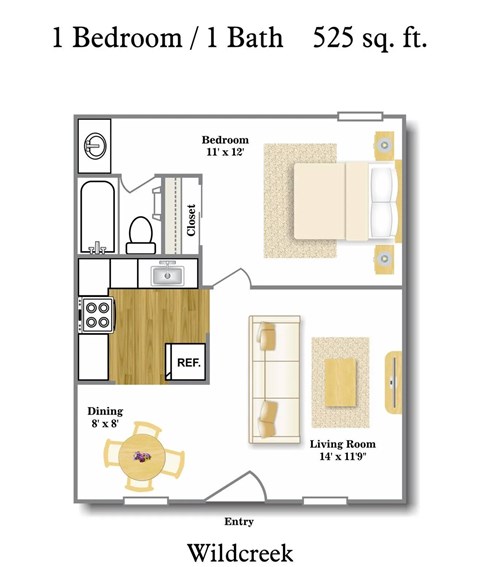 A floor plan of a one bedroom apartment with one bath and a living room.