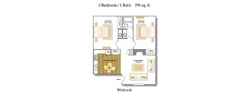 A floor plan of a 2 bedroom, 1 bathroom apartment that is 795 square feet.