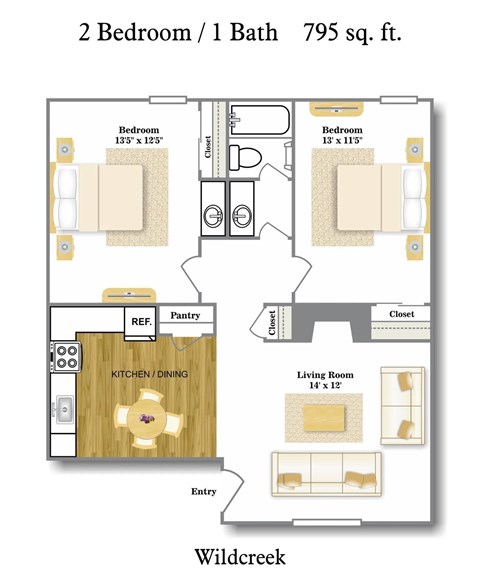 A floor plan of a 2 bedroom, 1 bathroom apartment that is 795 square feet.