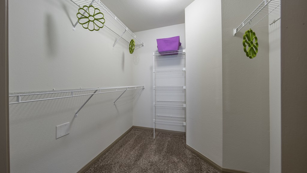 a spacious closet in a bedroom with white walls and a ladder on the wall with