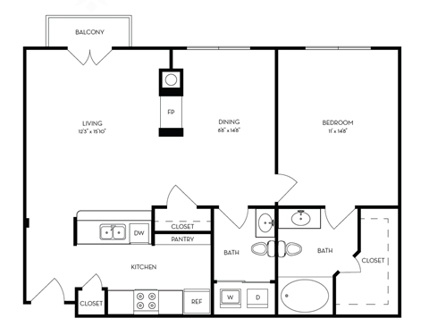 this is a drawing of a 1 bedroom floor plan with baths