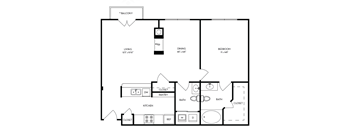 this is a drawing of a 1 bedroom floor plan with baths and a closet