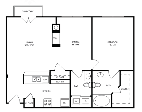this is a drawing of a 1 bedroom floor plan with baths and a closet