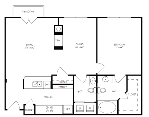 a floor plan of a 1 bedroom floor plan with a bathroom and a kitchen