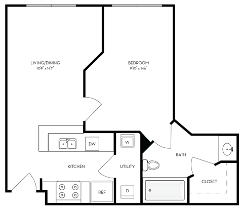 a drawing of a 1 bedroom floor plan with a bathroom and a staircase