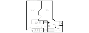 a drawing of a 1 bedroom floor plan with a bathroom and a staircase