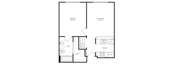 a floor plan of a studio apartment with a bedroom and a living room