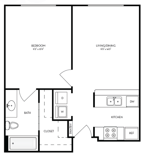 a floor plan of a studio apartment with a bedroom and a living room
