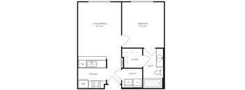a floor plan of a living room with a bedroom and a kitchen