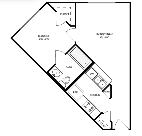 a floor plan of a studio apartment with a bedroom and a living room