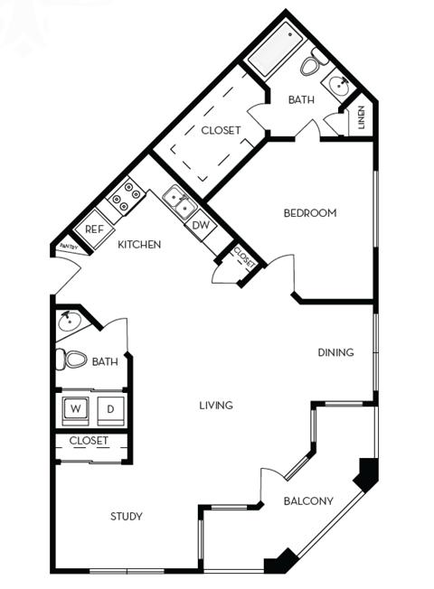 a floor plan of a studio apartment with a bedroom and a living room
